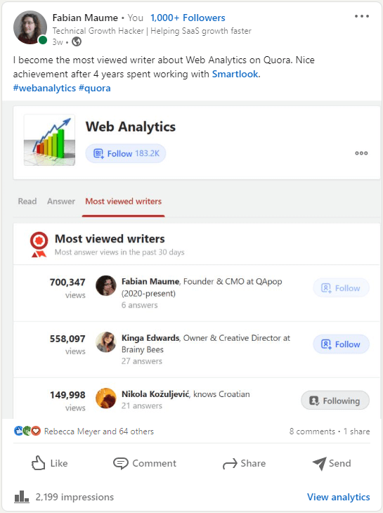 LinkedIn post sharing the success of becoming the best Quora writer