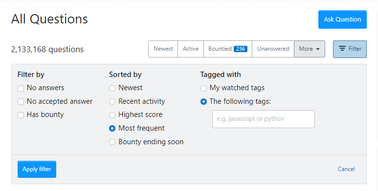 StackOverflow extended search options